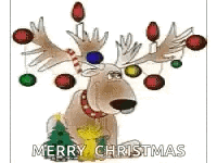 a reindeer with christmas decorations on its antlers and a christmas tree .
