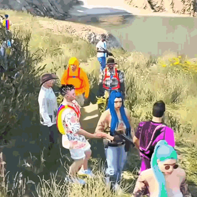 a group of people are walking in a field near a river