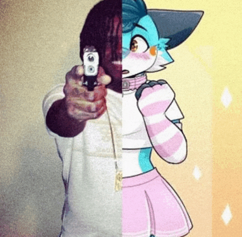 a man holding a gun next to a drawing of a girl