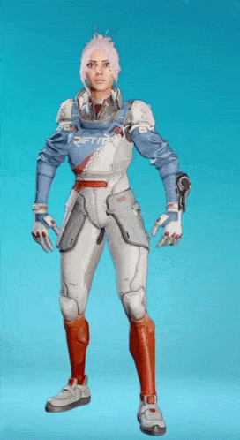a woman in a space suit is standing in front of a blue backdrop