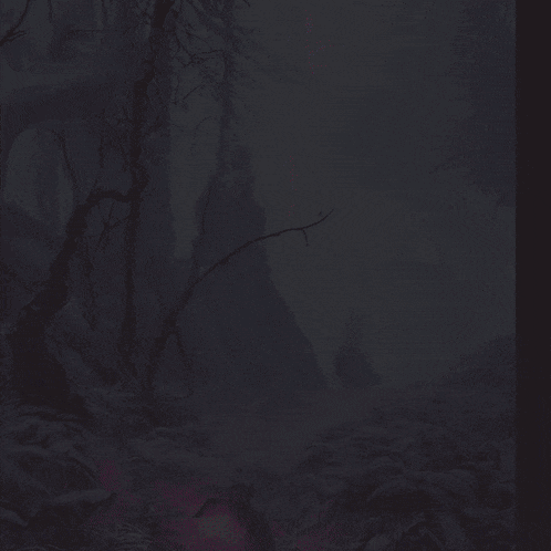 a painting of a foggy forest with a red light