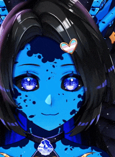 a close up of a blue anime character with a heart on her hair