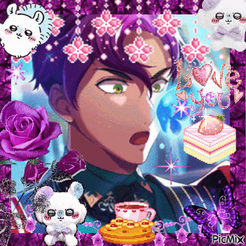 a man with purple hair is surrounded by purple flowers and a cake with the word love written on it