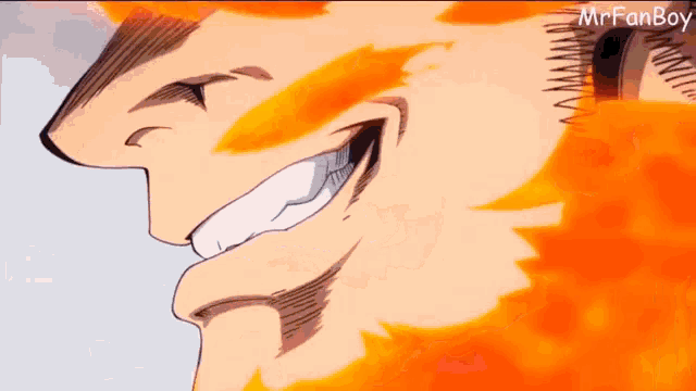 a close up of a man 's face with fire coming out of his mouth and the words mrfanboy below