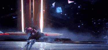 a woman in a pink outfit is holding a sword and shield