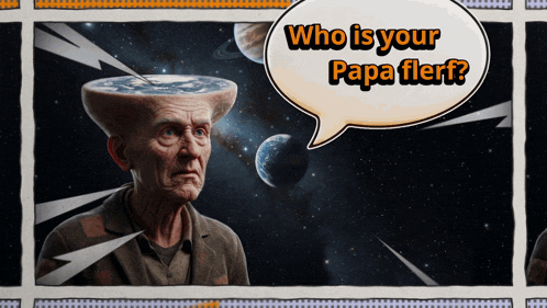 a man with a flat head has a speech bubble saying who is your papa flerf