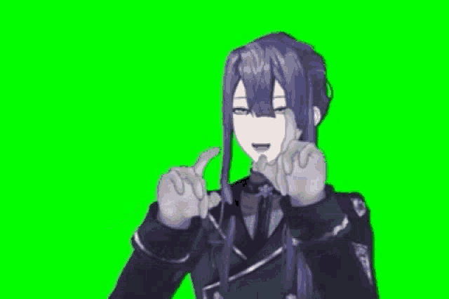a 3d anime character with long blue hair and white gloves is dancing on a green screen .