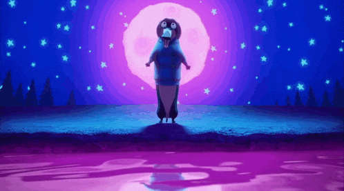 a cartoon character standing in front of a pink moon