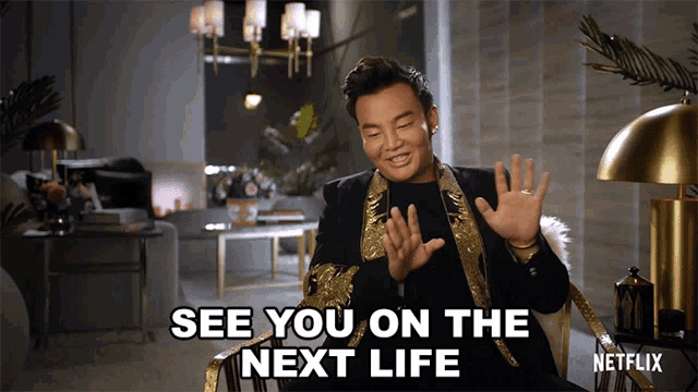 a man sitting in a chair with the words " see you on the next life " on the bottom
