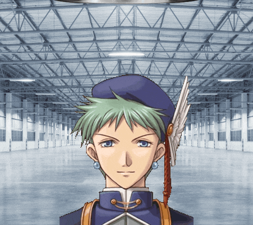 a boy with green hair and a blue hat with a feather on it