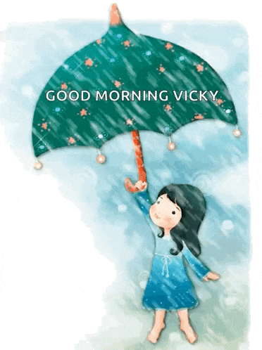 a girl holding a green umbrella in the rain with the words " good morning vicky " above her