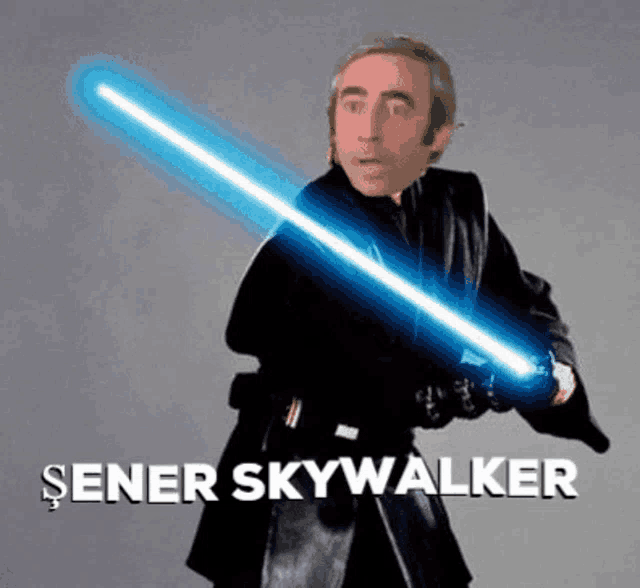 a man in a black coat is holding a blue light saber and the caption says sener skywalker .