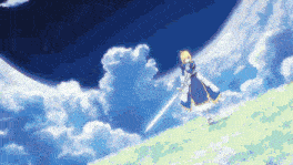 a pixel art of a girl holding a sword in front of a blue sky