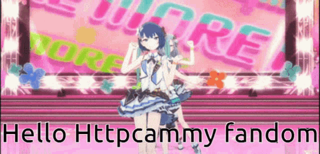 two anime girls on a stage with the words hello httpcammy fandom written below them