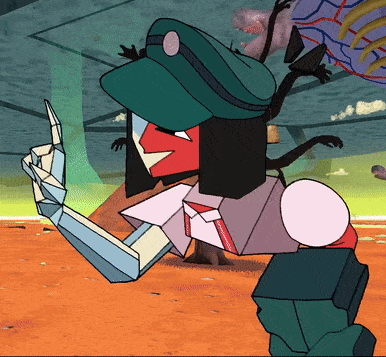 a cartoon character is wearing a green hat and giving the middle finger