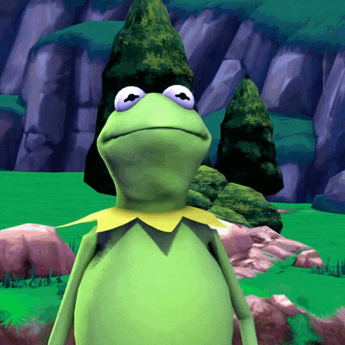 a green frog with purple eyes and a yellow collar looks at the camera