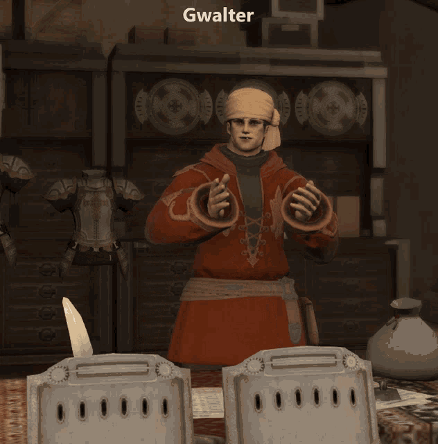 a man in a red outfit with the name gwalter written above him