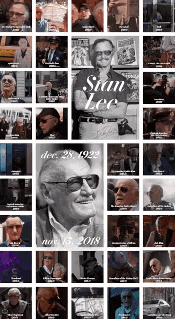 a collage of pictures of stan lee with the date nov. 15 2018