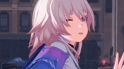a girl with white hair and a purple jacket is standing in front of a building