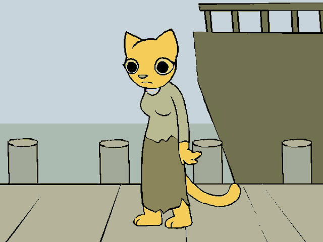a cartoon drawing of a yellow cat standing on a pier
