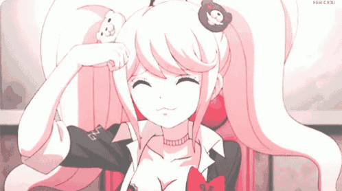 a pink haired anime girl with a teddy bear on her head is smiling