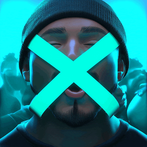 a man 's face with a blue x on it