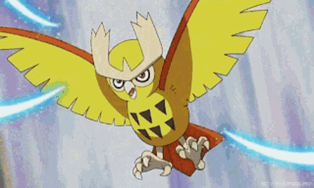 a cartoon owl is flying in the air with a blue light behind it