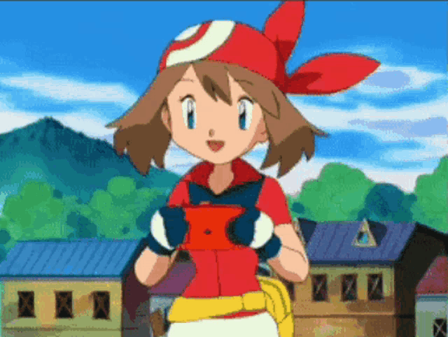 a cartoon girl with a red headband is holding a nintendo switch