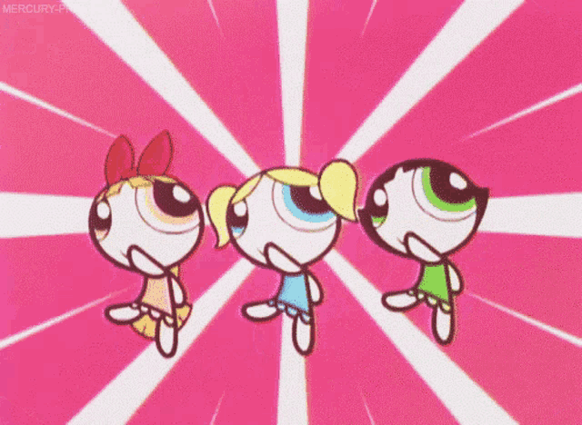 three cartoon characters standing next to each other on a pink background