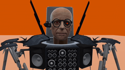 a man with glasses is surrounded by speakers and a clock