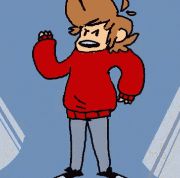 a cartoon character wearing a red sweater and gray pants is standing in front of a blue background .