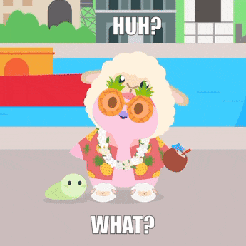 a cartoon of a sheep wearing a pineapple shirt and sunglasses with the words huh what