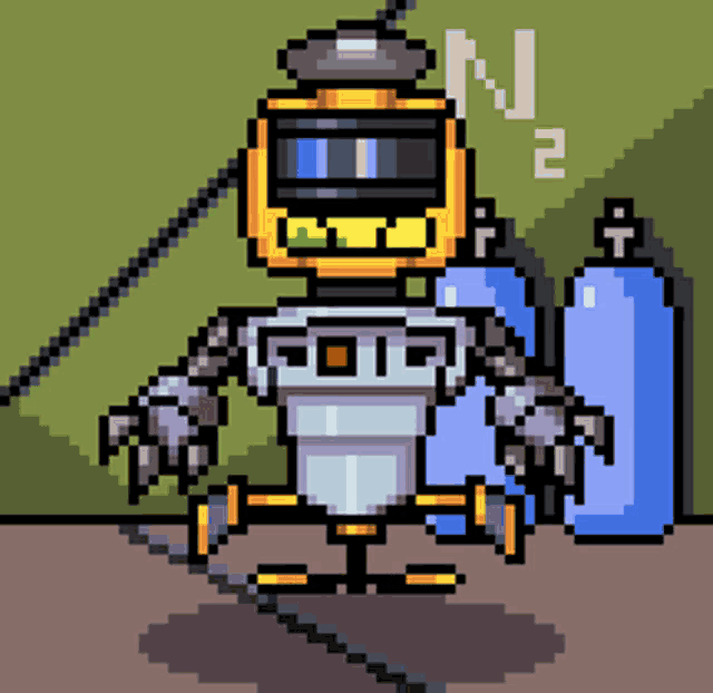 a pixel art drawing of a robot with n2 written on the wall behind it
