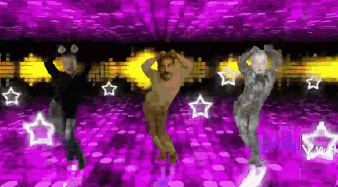 a group of people are dancing on a purple floor