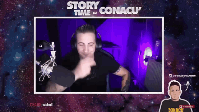 a man wearing headphones stands in front of a microphone with the words story time cu conacu behind him