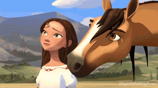 a cartoon of a girl and a horse with the words spirit riding free below them