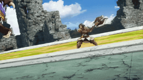 a cartoon character is holding a large axe and fighting another character