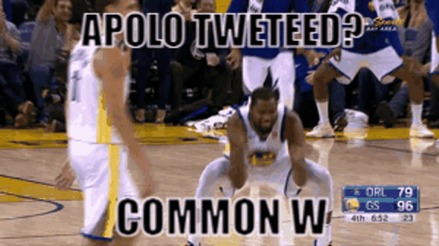 a basketball player is squatting down with the words " apolo tweeeed " written above him