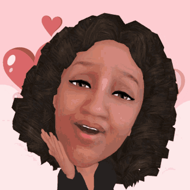 a cartoon of a woman with curly hair and hearts in the background