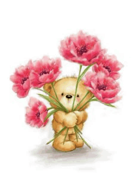 a teddy bear is holding a bouquet of pink flowers in its hands .