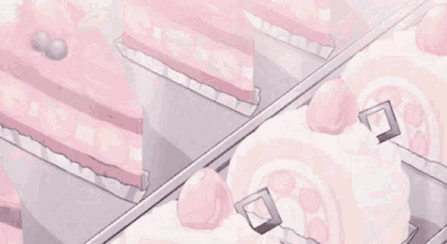 a row of pink cakes with strawberries on top are sitting on a shelf .