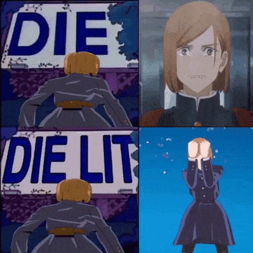 a girl is standing in front of a die lit sign