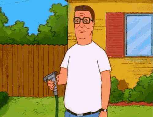 king of the hill is holding a hose in his hand .