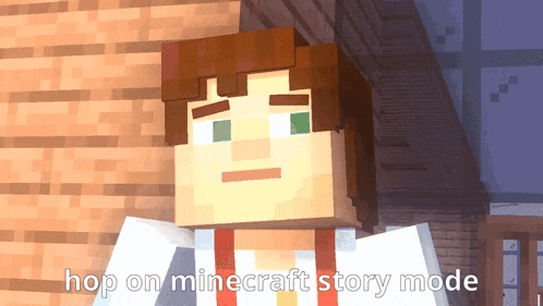 a minecraft character with the words hop on minecraft story mode