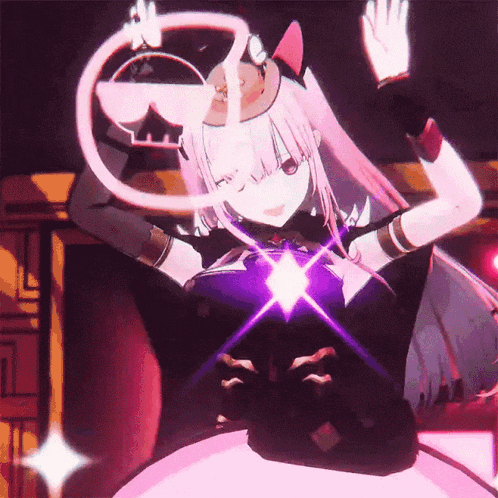 a girl with pink hair and a hat is dancing with a purple light behind her