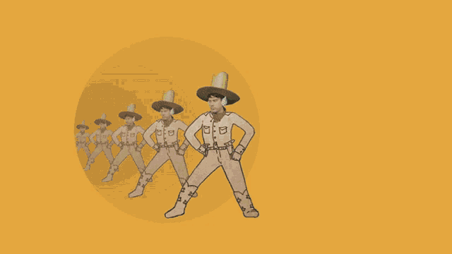 a group of cowboys are standing in a circle with a blue background