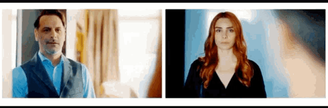 a man in a suit and a woman with red hair are standing next to each other .