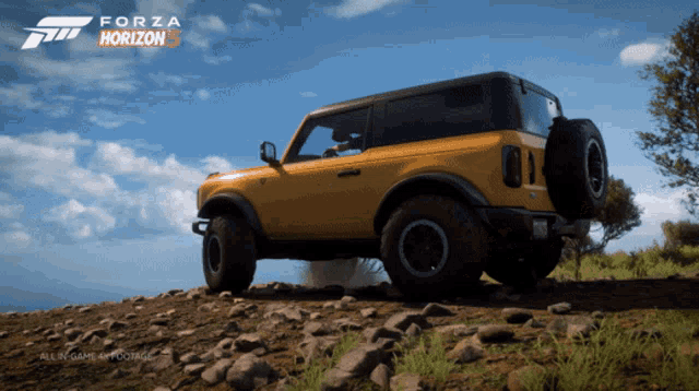 a yellow ford bronco is parked on a rocky hillside in front of a forza horizon logo