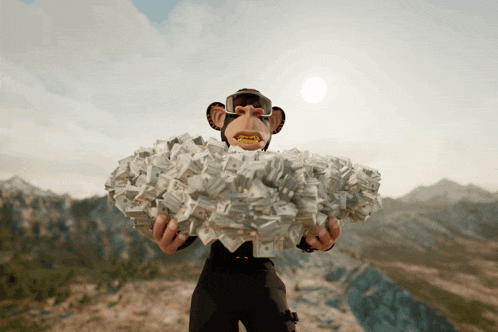 a monkey is holding a pile of money in front of mountains