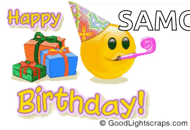 a happy birthday card with a smiley face wearing a party hat and a party horn
